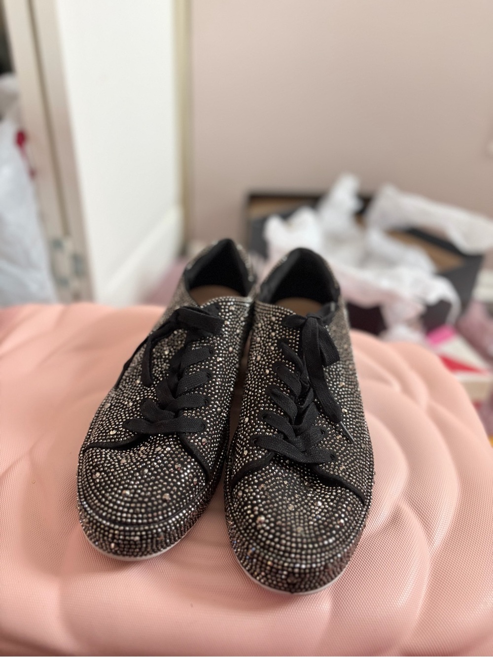 INC International Concepts Black Crystal-Studded Lace-Up Sneakers View 3